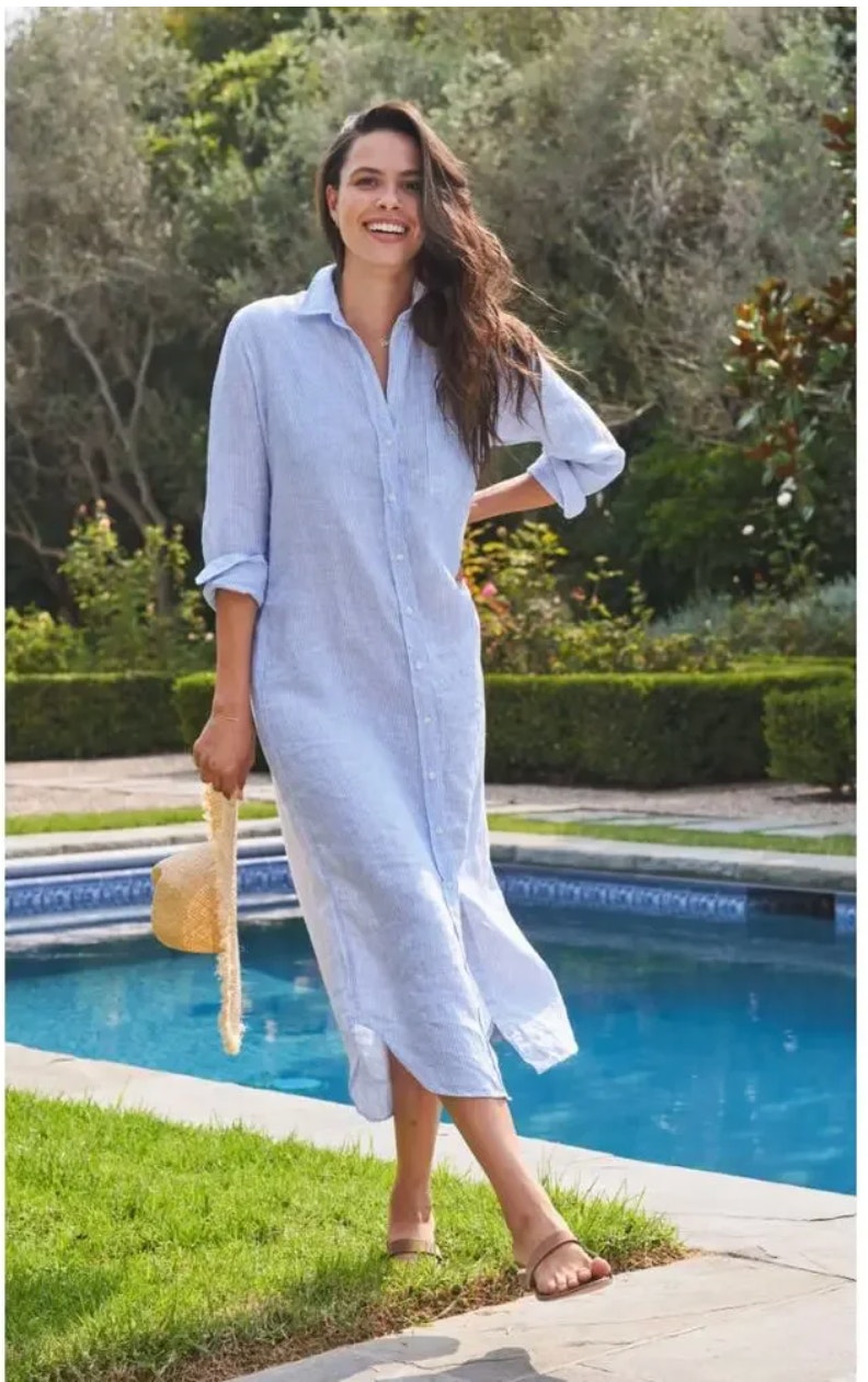 Frank & Eileen Rory Lived In Linen Button Up Maxi Dress Blue Stripe Size Large